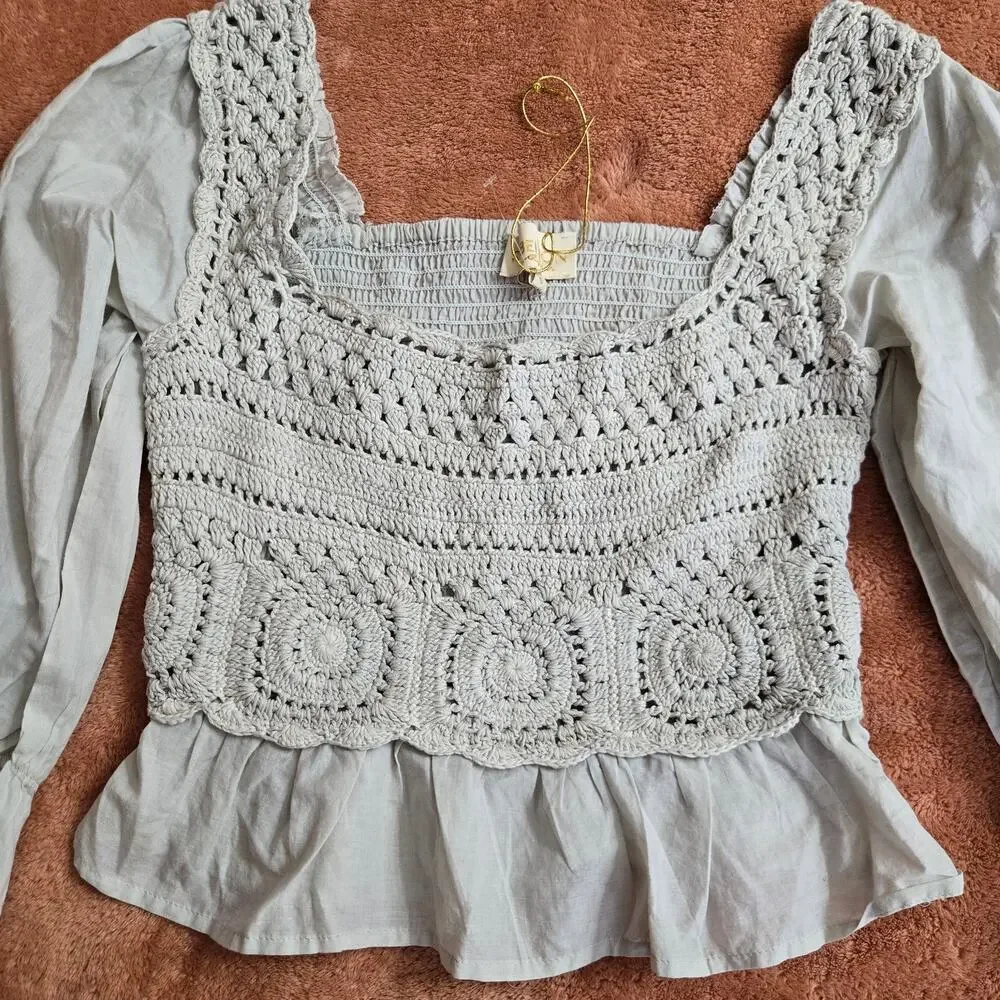NWT Rebellion Again Womens Crochet Blouse Size Small Boho Peasant Ruffle Hippie